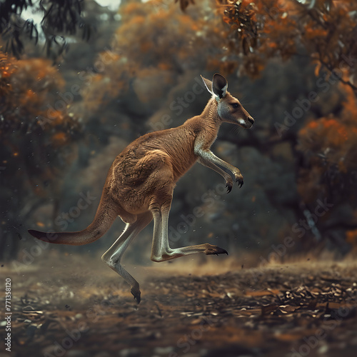 Leap of Freedom: Australian Kangaroo Caught Mid-Jump Against The Backdrop of The Rustic Outback
