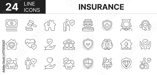 Collection of 24 insurance line icons featuring editable strokes. These outline icons depict various modes of insurance, life, health, safety, shield,
