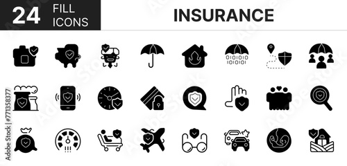 Collection of 24 insurance fill icons featuring editable strokes. These outline icons depict various modes of insurance, life, health, safety, shield,