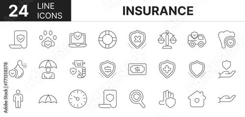 Collection of 24 insurance line icons featuring editable strokes. These outline icons depict various modes of insurance, life, health, safety, shield,