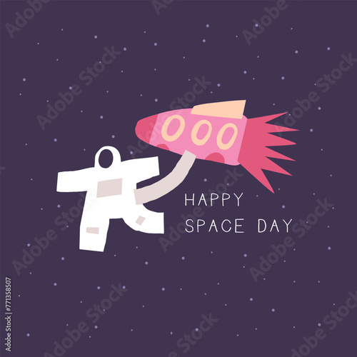 Cute space postcard with funny hand drawn doodle spacecraft, spaceship, cosmonaut, astronaut. Happy space day card. Cosmic, universe, night sky cover, template, banner, poster, print. 