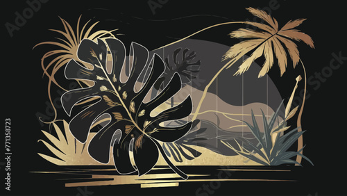 Exquisite Vector Design: Golden and Black Tropical Leaves with Dark Monstera, Palm Graphic, Creative Nature Backdrop, Minimalistic Summer Abstract Jungle Pattern, Luxurious Exotic Botanical Cosmetics  photo