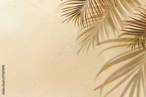3D studio background in beige color with tropical leaves and shadow for product presentation. Empty background with shadows of palm leaves. 3d room with copy space