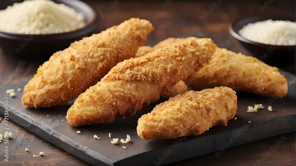 deep fried nuggets on a plate Chicken strips with breading. Finger hens. deep fried nuggets on a plate Chicken strips with breading. Finger hens.