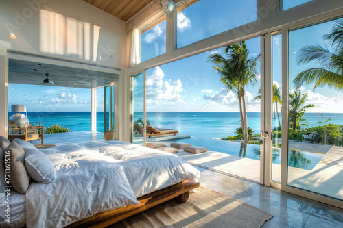 Bedroom interior overlooking the beach, panoramic windows of the hotel room overlook the sea © Olga