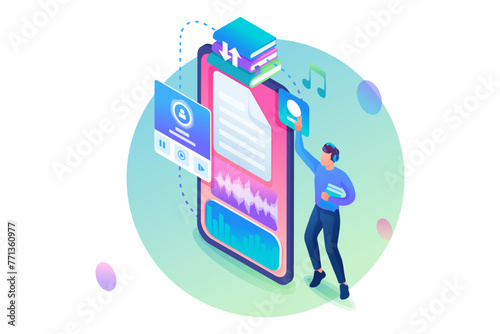 Isometry Web Design Template. Man Listens To An Audiobook On His Smartphone. Online Learning. Vector Illustration