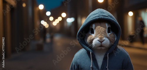 A bunny in a hoodie walking in the streets at night photo