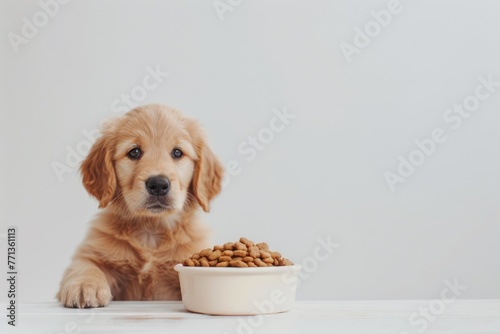 Golden Retriever Puppy with a Bowl of Kibble on White Background, soft light, space for text