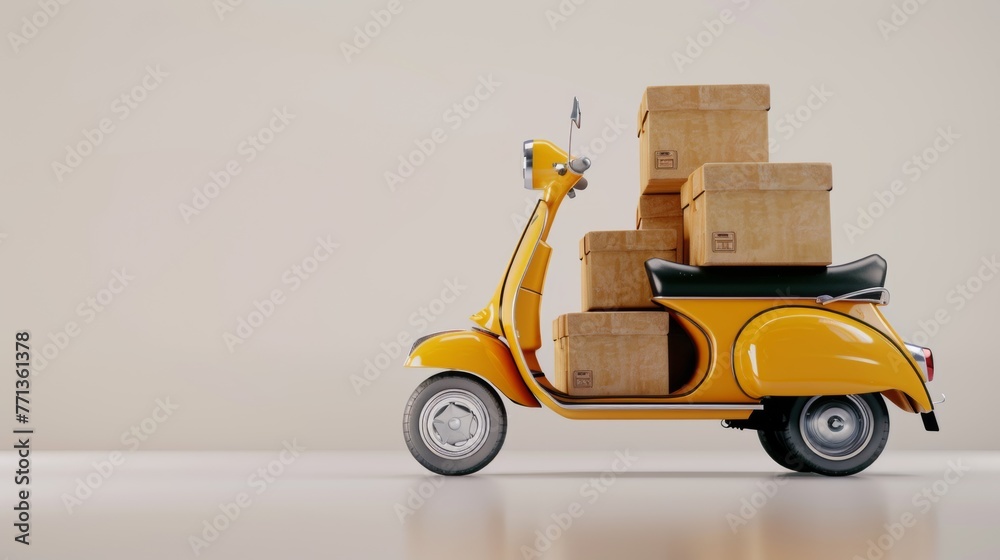 Yellow vintage scooter with cardboard boxes, highlighting efficient delivery service