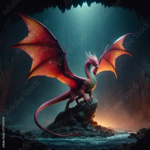 A scene straight out of a Dungeons & Dragons fantasy setting, featuring a majestic fire dragon with ruby scales and an inner green glow, perched atop photo