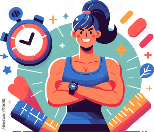 A cheerful fitness trainer with crossed arms wearing workout gear and a stopwatch, depicted in a flat design style against a white background.