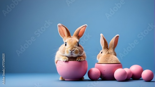 Adorable pink-bowled bunny on a blue background with text space