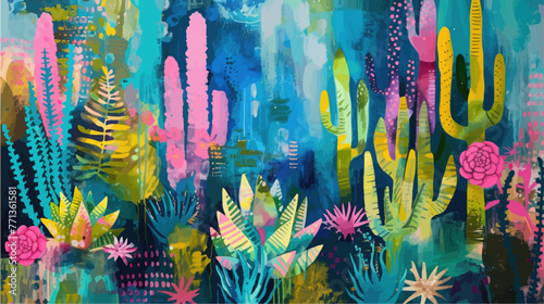 Abstract background with cactuses and flowers © Alice