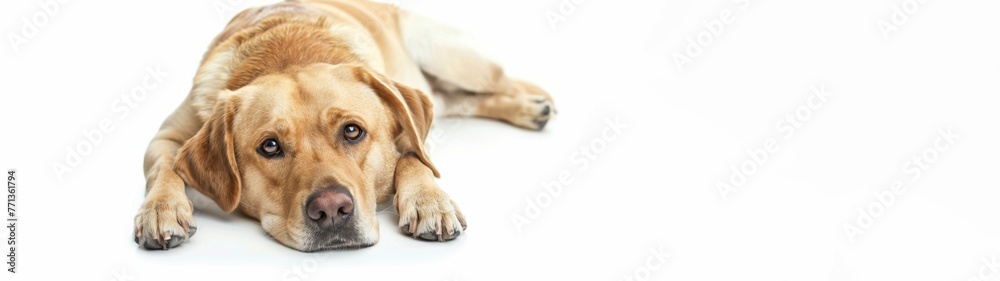Animal pet dog banner panorama long - Lazy liying relaxing beige yellow labrador retrievers dogs, isolated on white background
