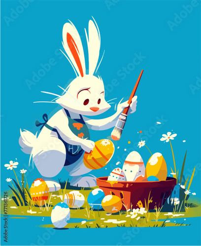 Easter basket with eggs and bunny decorated with flowers. Happy easter