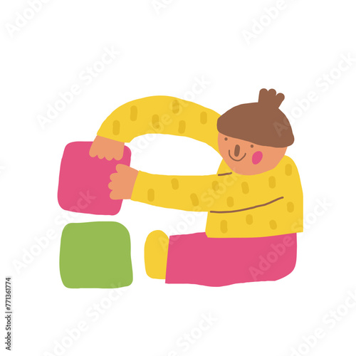 Kid icon. Cute hand drawn doodle isolated child. Girl playing with cubes background