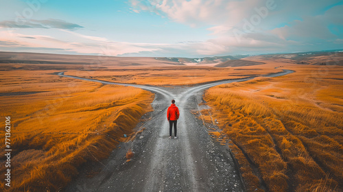 Man standing at crossroads, yellow grass landscape, winding road to horizon, symbolizing choice and journey
