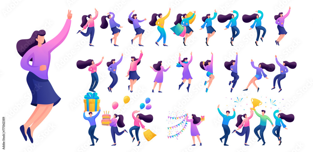 Fototapeta premium Set of a fun teen girl. Presentation in various in various poses and actions. 2D Flat character vector illustration N11