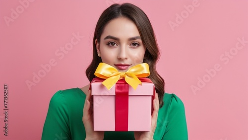 Girl on pink background holding beautiful gift with bow