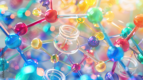 molecular connections between many jars of dietary supplements connected to each other , vivid colors 