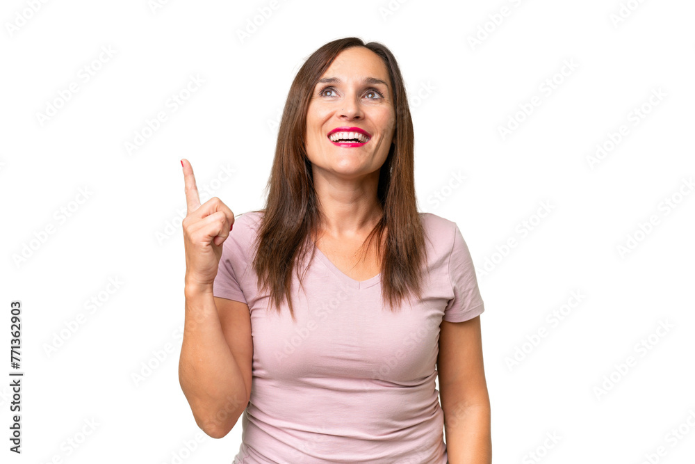 Middle-aged caucasian woman over isolated background pointing up and surprised Middle-aged caucasian woman over isolated background pointing up and surprised