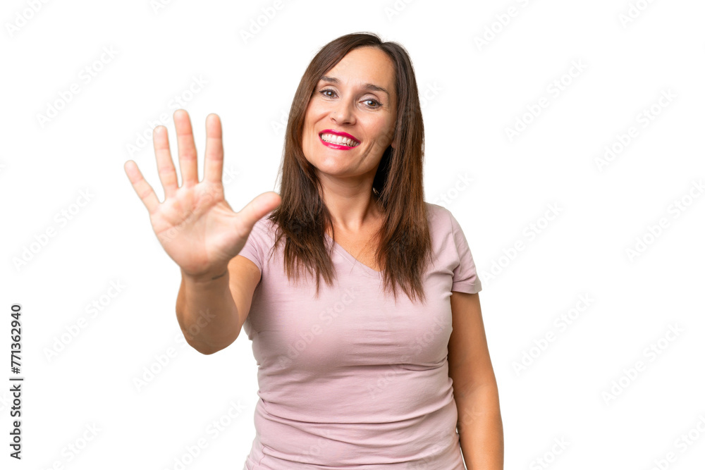 Middle-aged caucasian woman over isolated background counting five with fingers Middle-aged caucasian woman over isolated background counting five with fingers