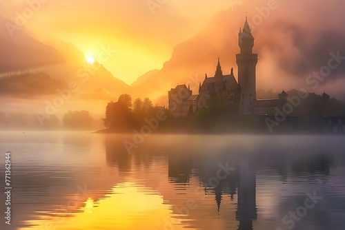 : Majestic castle in mist, overlooking tranquil lake, vibrant sunset.