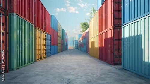 Cargo Shipping Containers in Organized Storage Area for Delivery and Logistics