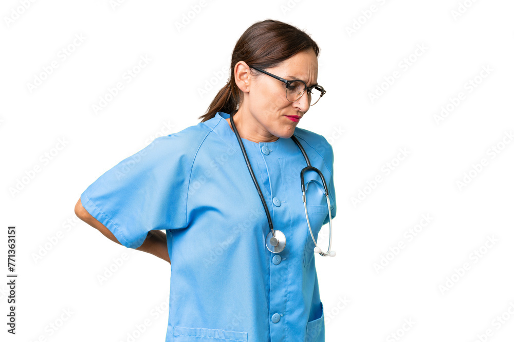 Middle-aged nurse woman over isolated background suffering from backache for having made an effort