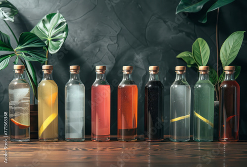 Several bottles of water with different types of juice in them, with subtle chromatism, rusticcore, and saturated colors. photo