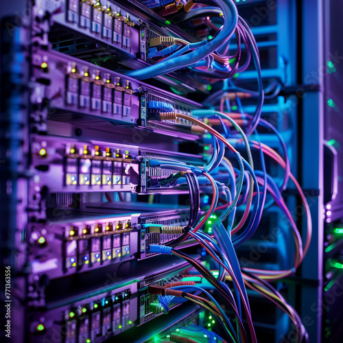 server rack with network wires elements, in datacenter environnment, a lot of cables on a rack photo