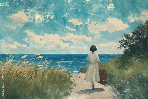 woman with suitcase on a path near the ocean in the s 668e0bd5-9d89-41a2-aa31-5a806f82c880 2 photo
