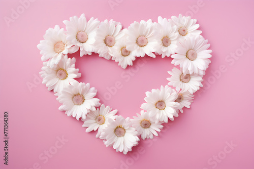 Heart formed from white daisies on pink background view from above. Spring or holiday greeting card or invitation