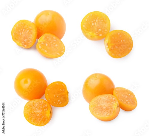 Ripe orange physalis fruits isolated on white, set