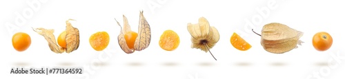 Fototapeta Naklejka Na Ścianę i Meble -  Ripe orange physalis fruits with calyx flying on white background, set