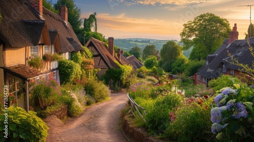 A picturesque lane meanders through an idyllic English village, lined with charming thatched cottages and vibrant, blooming gardens at sunset. Resplendent.