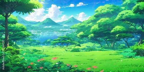 Greenery scenery, peaceful landscape, anime art style