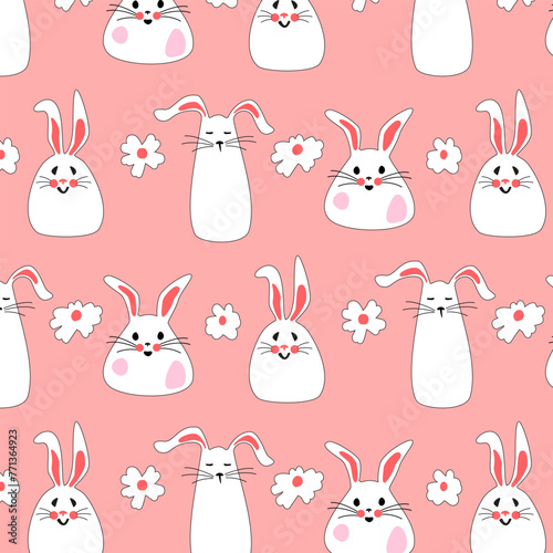 Seamless pattern with Easter bunnies and flowers on a pink background for kids products. Cute rabbits for baby clothes. Flat vector illustration for printing packaging, fabric and textiles.