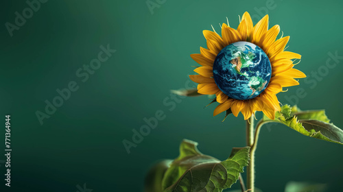 Fototapeta Naklejka Na Ścianę i Meble -  Sunflower With Planet Earth At Its Core Against A Green Background. Environment And Earth Day Background Concept