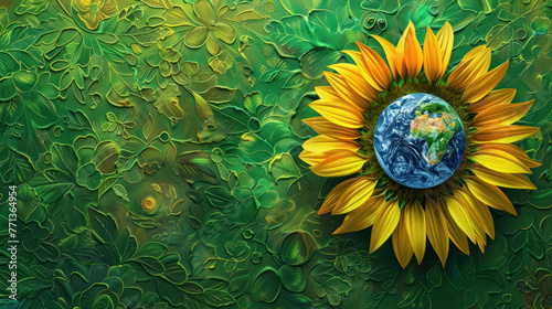 Fototapeta Naklejka Na Ścianę i Meble -  Sunflower With Planet Earth At Its Core With A Green Abstract Background. Environment And Earth Day Background Concept