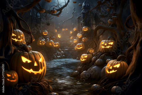 Glowing Jack-o'-lanterns and mystical creatures in eerie, moonlit forest. Halloween background