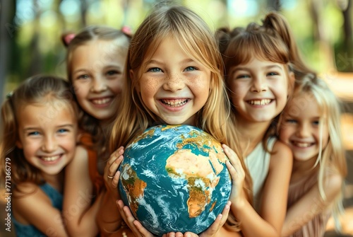 Group of children in earth globe conservation concept.