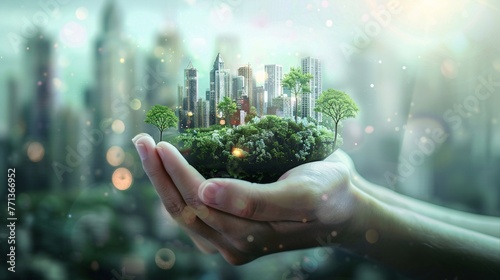 llustrate a sustainable environment concept of Depict human efforts to preserve nature, reduce carbon footprint, and build a sustainable urban community for a green future photo