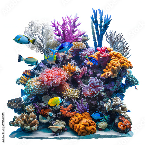 An underwater scene with colorful fish and coral  captured by a diver with a camera isolated on white background  minimalism  png 