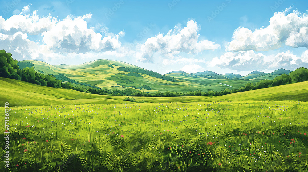 Vector sketch Green grass field on small hills. Meadow, alkali, lye, grassland, pommel, lea, pasturage, farm. Rural scenery landscape panorama of countryside pastures. illustration. - obrazy, fototapety, plakaty 