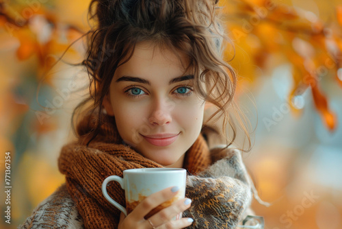 Young, attractive woman by herself. A sentimental portrait in an autumnal setting. Girl with a cup of hot beverage, gazing away.