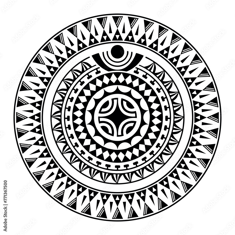 Round tattoo ornament with swastika maori style. African, aztecs or mayan ethnic style. Black and white. Round tattoo ornament with swastika maori style. African, aztecs or mayan ethnic style. Black and white.