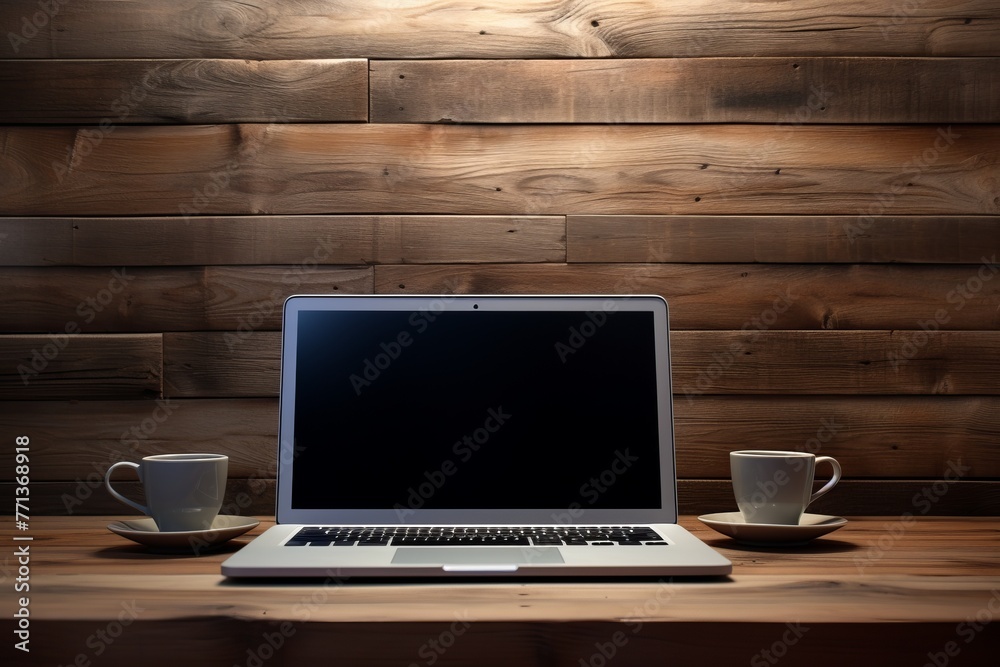Fototapeta premium Laptop on a wooden table with two cups of coffee