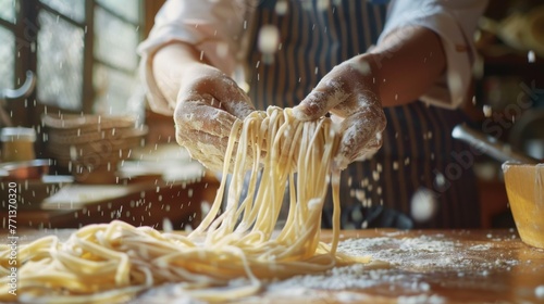 Sunlight illuminates a dusting of flour as an artisan chef stretches handmade pasta dough on a rustic kitchen table.