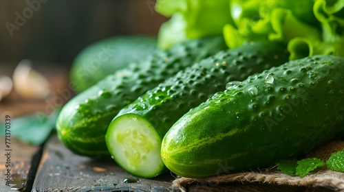 Close up of fresh Cucumbers on a rustic wooden Table